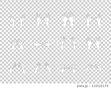 雙手握持各種手勢的插圖素材集，黑白線條描類型 118520179