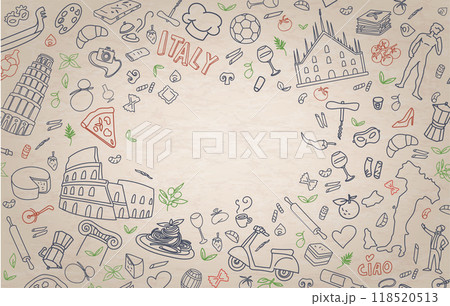 Italy Doodle Art Illustration. Hand Drawn Vector Clip Art. grunge background Banner Italy Doodle Art Illustration. Hand Drawn Vector Clip Art. grunge background Banner 118520513