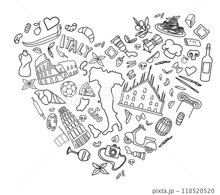 Italy symbol on heart shape  element Doodle Art Illustration. Hand Drawn Vector Clip Art 118520520