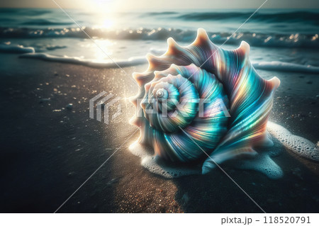 Vivid digital artwork showcasing a colorful snail shell on sandy beach. Detailed depiction of nature's beauty, 118520791