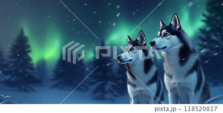 Two beautiful huskies with thick fur, one in the foreground and one behind, gazing left under a night sky illuminated by green auroras, with falling snowflakes, 118520817