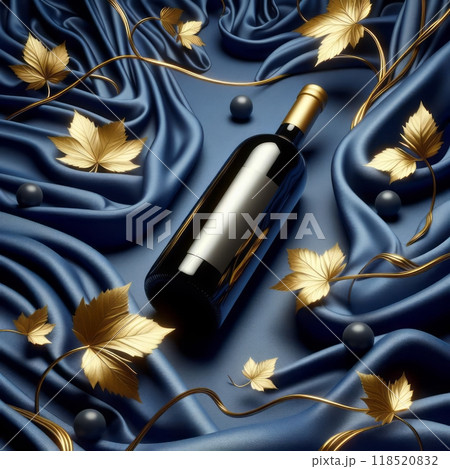 Exquisite photo featuring a wine bottle on blue cloth adorned with gold leaves Exquisite photo featuring a wine bottle on blue cloth adorned with gold leaves 118520832