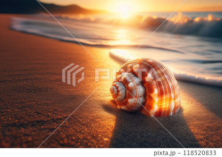 Shell on sandy beach at sunset, vibrant red-orange light. Perfect for backgrounds 118520833