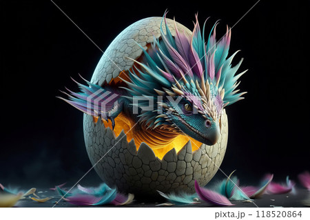 Realm of fantasy and magic depicted in an artwork capturing the breathtaking moment of a dragon emerging from its egg, 118520864