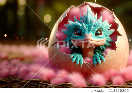 Newborn dragon hatching from egg shell, fantasy creature in magical scene 118520866