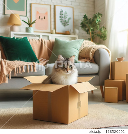 Curious cat inside cardboard box in room. Playful feline explores its cozy hideout. Quirky scene captures domestic charm 118520902