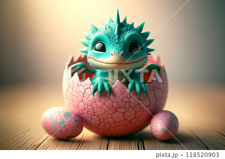 A small, adorable dragon smiles as it sits inside an egg. The color palette predominantly features shades of turquoise and pink, 118520903