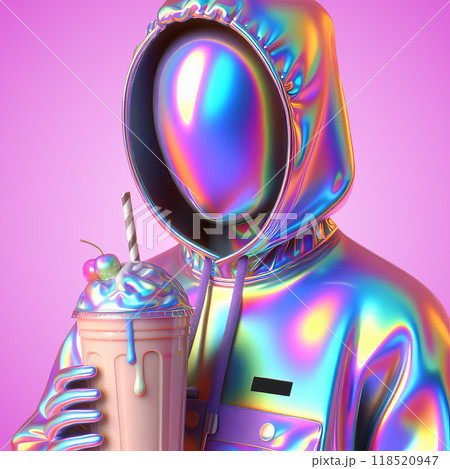 a person in a hoodie Iridescent Holographic Liquid Texture holding a drink, chrome outfit, milkshake, character is covered in liquid, 118520947