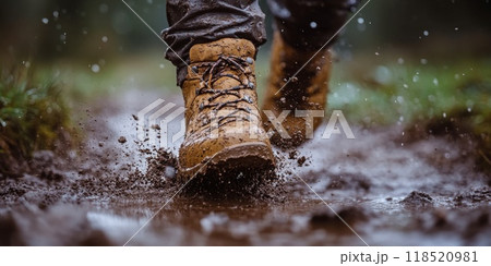 Close-up on a hiking tour. A hiking boots press into a rocky trail 118520981