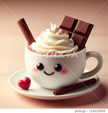 A white cup of hot chocolate with whipped cream with a cartoon face filled with a chocolate bar sticking out of it. A white cup of hot chocolate with whipped cream with a cartoon face filled with a chocolate bar sticking out of it. 118520998