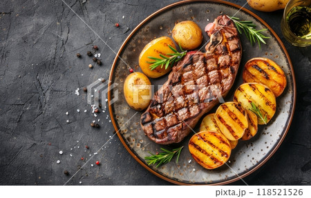 Grilled bbq steak with potatoes on rustic background with copyspace. 118521526