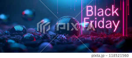 Black Friday - neon glowing text sign on futuristic technological background, shopping or promotional banner design 118521560