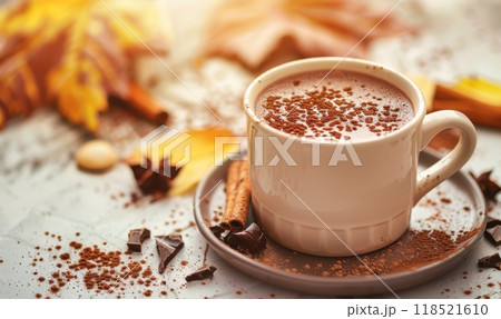 Hot chocolate in a cup on rustic background with autumn leaves decoration and copyspace for your text 118521610