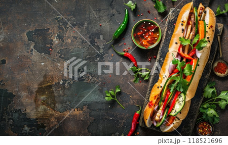 Banh mi - traditional Vietnamese sandwich on rustic background. Closeup view. Asian street food or takeaway. 118521696
