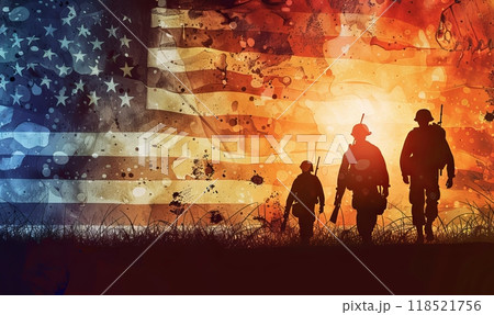 Soldiers silhouettes in front of USA flag background, template for national holidays in Unite States of America, Veterans day concept 118521756