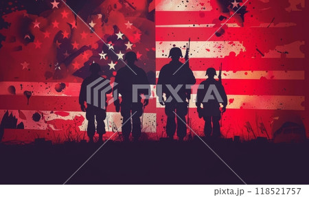 Soldiers silhouettes in front of USA flag background, template for national holidays in Unite States of America, Veterans day concept 118521757
