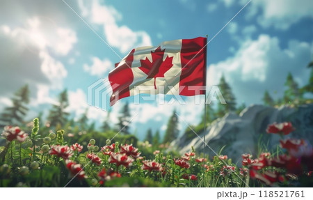 Canadian flag on beautiful nature background, travel concept 118521761