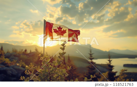 Canadian flag on beautiful nature background, travel concept 118521763