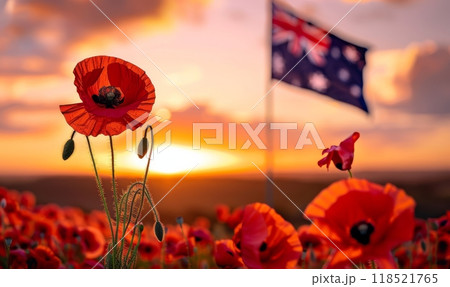 Anzac Day background with grunge painted Australia flag and poppy flowers. Remembrance symbol. Lest we forget. 118521765