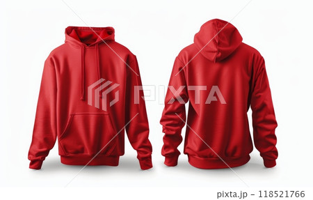 Blank red male hoodie, template for your design mockup. Front and back view. 118521766