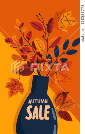 Autumn leaves in vase closeup, overlay, minimalistic seasonal illustration with Autumn Sale text. Template for promotional poster or banner 118521772