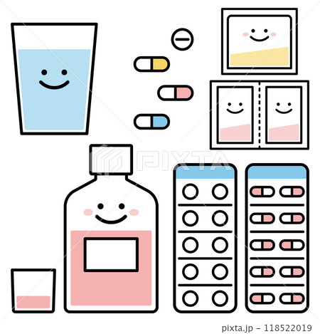 飲み薬　錠剤　カプセル　シロップ　粉薬　顔　セット　シンプル 118522019
