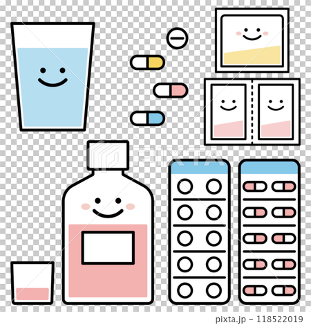 飲み薬　錠剤　カプセル　シロップ　粉薬　顔　セット　シンプル 118522019