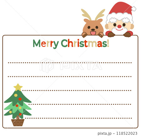 クリスマスをイメージした笑顔で覗き込むかわいいサンタとトナカイのフレームイラスト 118522023