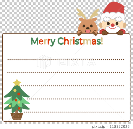 クリスマスをイメージした笑顔で覗き込むかわいいサンタとトナカイのフレームイラスト 118522023