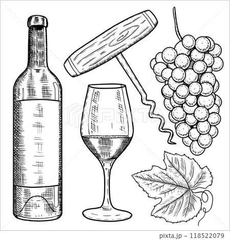Set with a bottle of wine, glass, grapes, corkscrew. Vector illustration Set with a bottle of wine, glass, grapes, corkscrew. Vector illustration 118522079