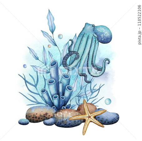 Sea composition with corals, stones, octopus. Underwater world. Watercolor 118522106