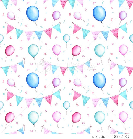 Seamless pattern with balloons, garlands. Watercolor illustration 118522107