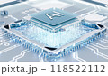 CPU connection with motherboard. AI accelerated microchip connecting with white PCB. Chip activates circuit board. Semiconductor metle surface. 118522112
