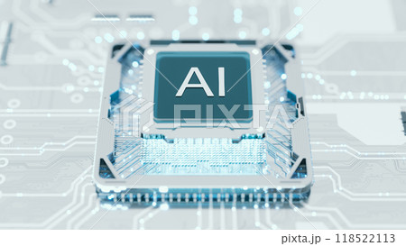 CPU connection with motherboard. AI accelerated microchip connecting with white PCB. Chip activates circuit board. Semiconductor metle surface. 118522113