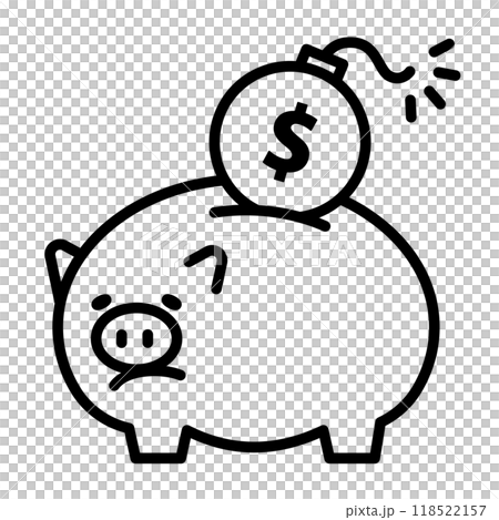 負債を抱えていることを表すアイコン。貯金箱にドルのマークがついた爆弾が入っています。 118522157