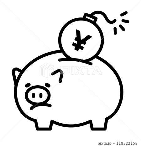 負債を抱えていることを表すアイコン。貯金箱に円のマークがついた爆弾が入っています。 118522158