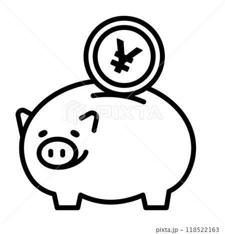お金を貯めることを表すアイコン。貯金箱に円が入っています。 お金を貯めることを表すアイコン。貯金箱に円が入っています。 118522163