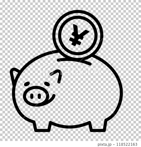 お金を貯めることを表すアイコン。貯金箱に円が入っています。 お金を貯めることを表すアイコン。貯金箱に円が入っています。 118522163