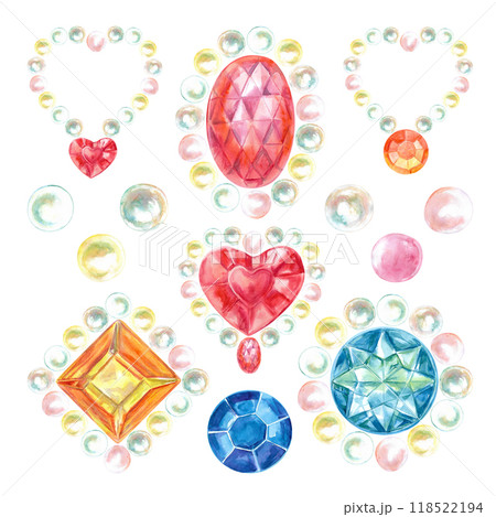 Gem compositions set of different shapes with pearls hand drawn in watercolor. Illustration of crystal red heart, orange and blue color half-sphere faceted, polyhedral octagon star in blue color Gem compositions set of different shapes with pearls hand drawn in watercolor. Illustration of crystal red heart, orange and blue color half-sphere faceted, polyhedral octagon star in blue color 118522194