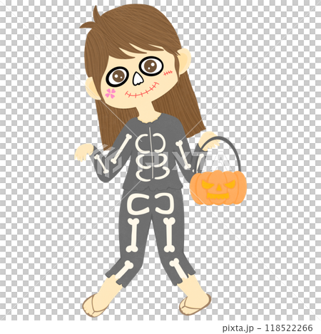 Cartoon girl wearing a skeleton mascot costume. 118522266