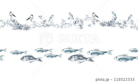 Set of seamless border of birds on a branch and fish. Watercolor composition with a graceful olive tree branch, siting and singing nightingales and swimming different fish in monochrome. Black and 118522333