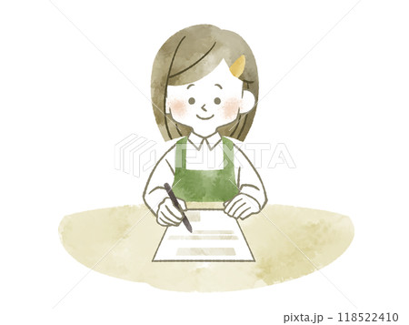 書類に記入しているエプロンを着用した女性-水彩 118522410