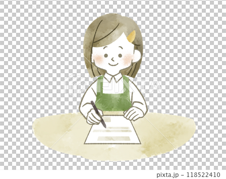 書類に記入しているエプロンを着用した女性-水彩 118522410