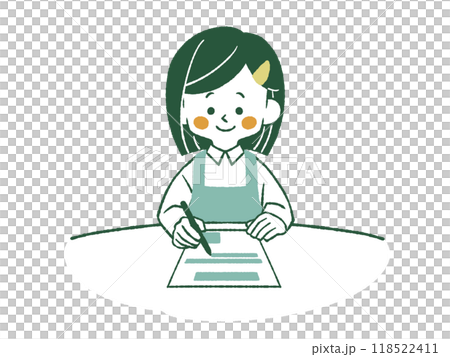 一位穿著圍裙的女士正在填寫一份文件 - 4 種顏色 118522411