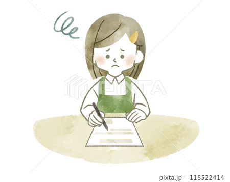 困った表情で書類に記入しているエプロンを着用した女性-水彩 困った表情で書類に記入しているエプロンを着用した女性-水彩 118522414