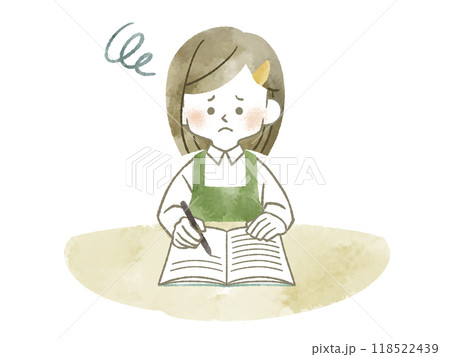 困った表情でノートに記入しているエプロンを着用した女性-水彩 118522439