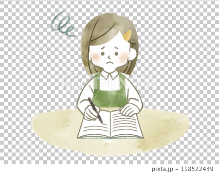 困った表情でノートに記入しているエプロンを着用した女性-水彩 118522439