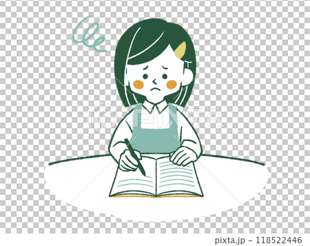 困った表情でノートに記入しているエプロンを着用した女性-4色 118522446