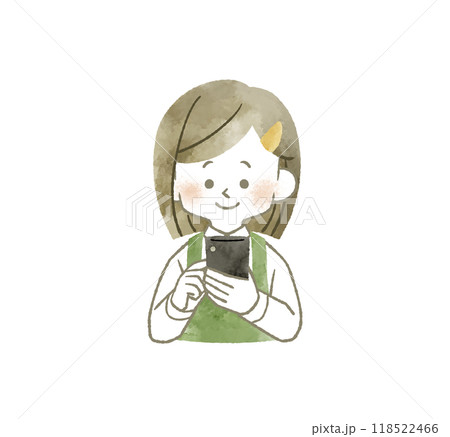 スマートフォンを使っているエプロンを着用した女性-水彩 118522466