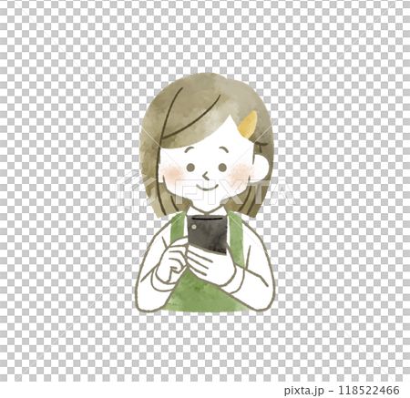 スマートフォンを使っているエプロンを着用した女性-水彩 118522466